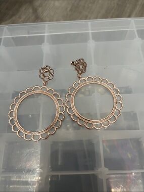 Rose Gold Floral Circle Drop Earrings - Feminine Filigree Design